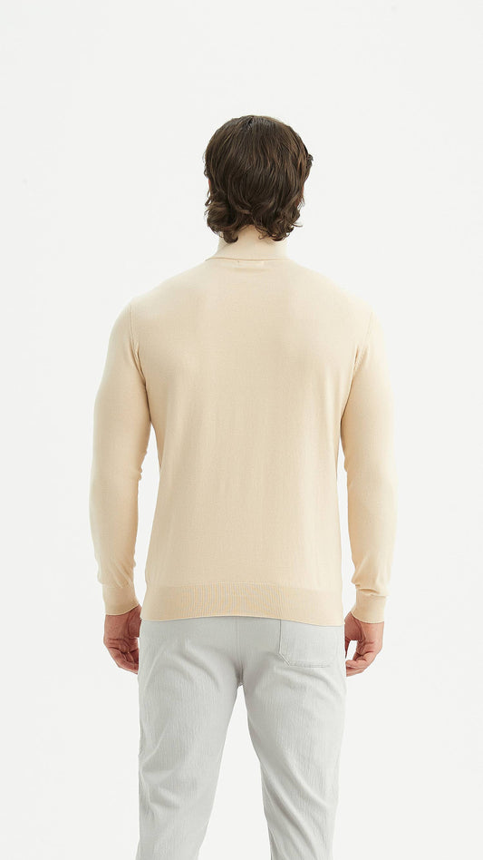 Maglione beige in cotone con collo camionista e zip