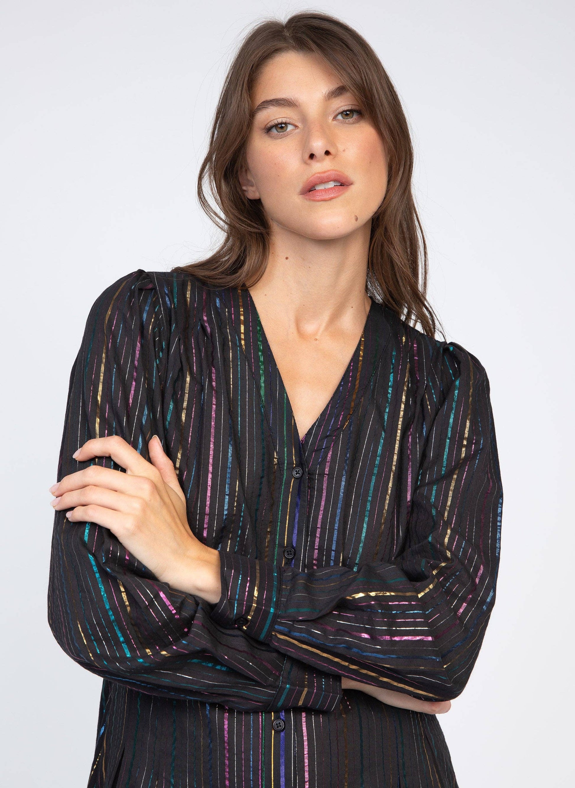 Abito lungo nero Ozane con righe multicolor effetto lurex