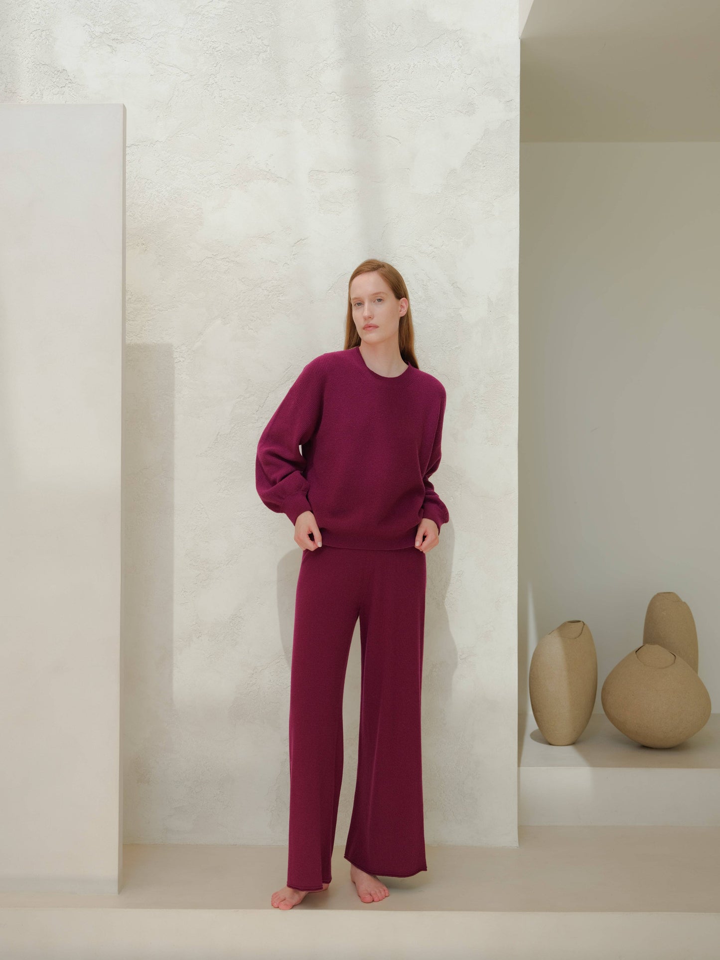 Maglione girocollo a costine in misto cashmere con maniche a palloncino