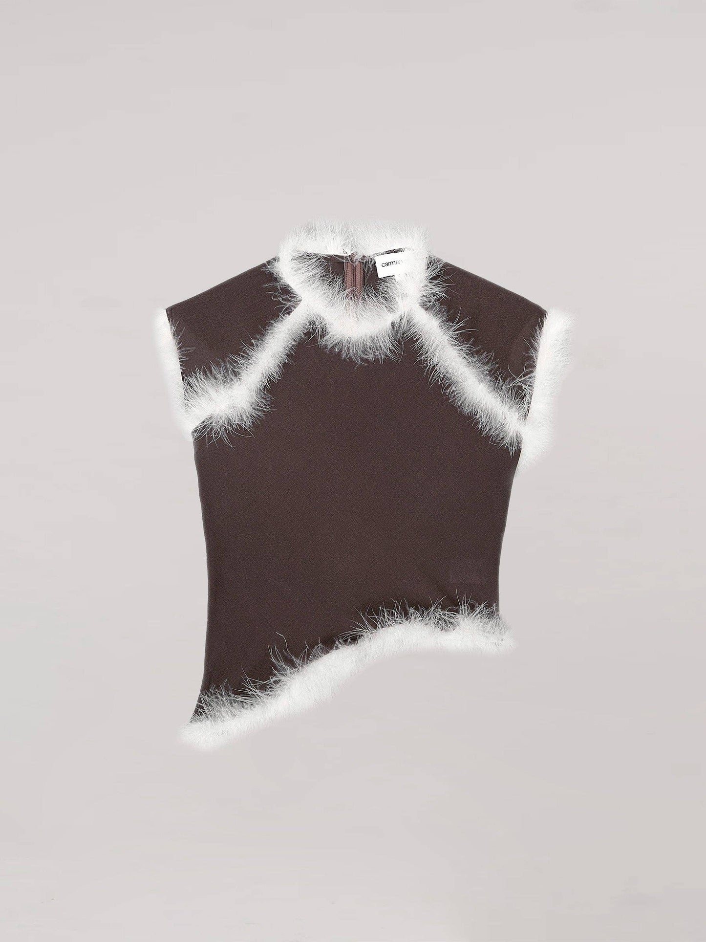 Top asimmetrico con piume marrone