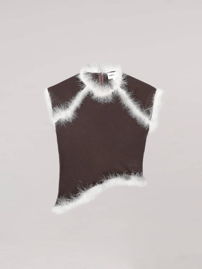 Top asimmetrico con piume marrone