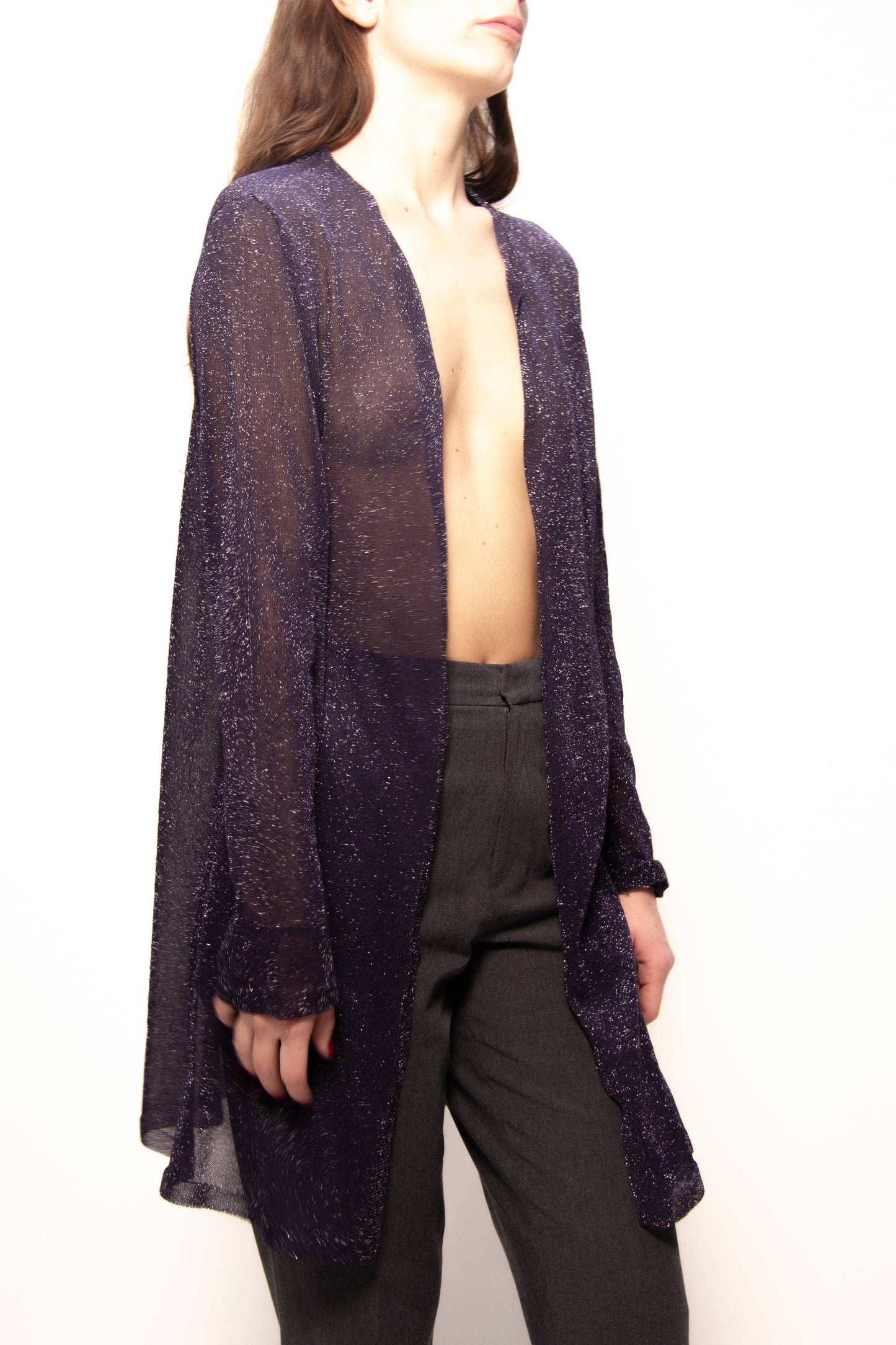 Cardigan lungo in lamé glitterato a maglia 3D