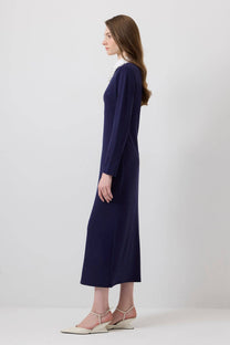 Abito midi blu con colletto gioiello