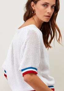 Top in maglia traforata con bordi a righe