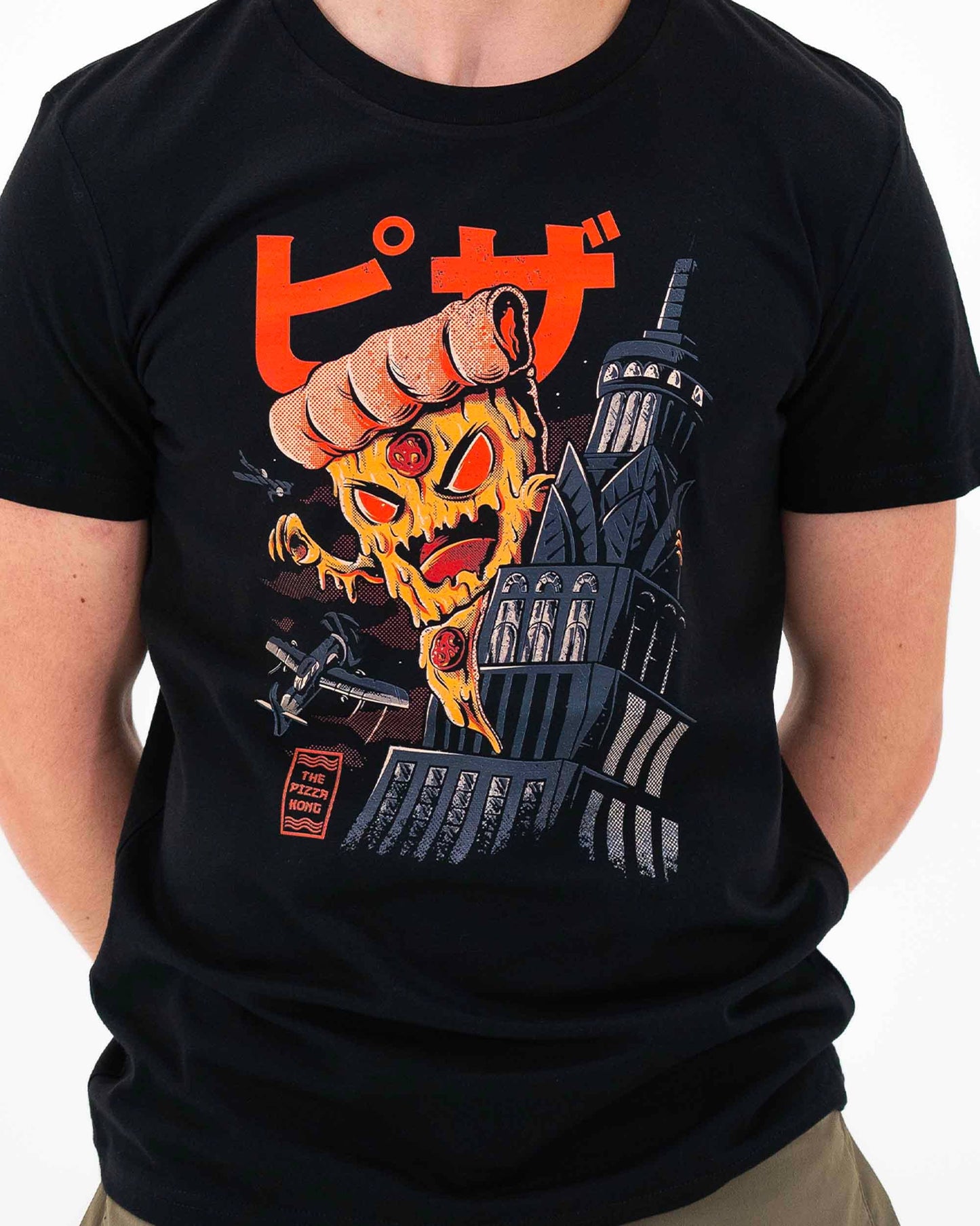 T-shirt unisex nera Pizza Kong con stampa cinematografica