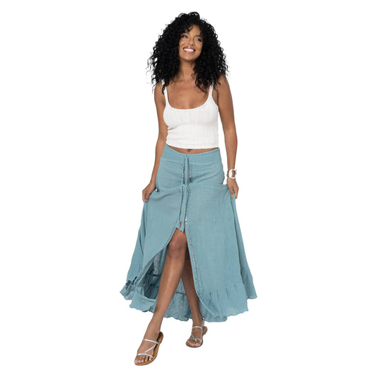 Gonna lunga estiva boho in cotone con vita arricciata e lacci