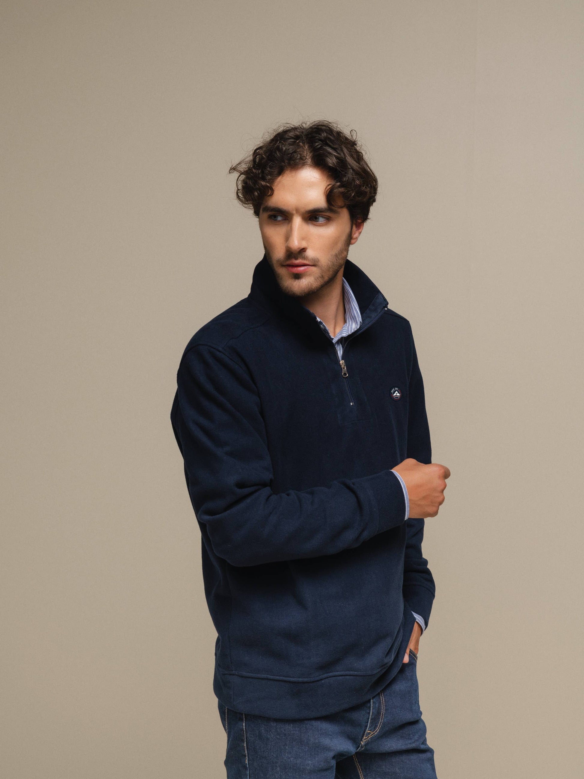 Felpa con mezza zip in misto cotone