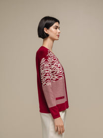 Cardigan donna in maglia jacquard animalier bicolore