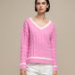 Maglione donna a trecce con scollo a V