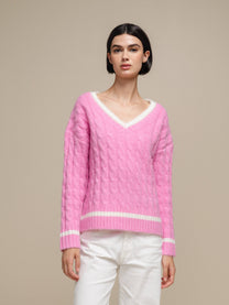 Maglione donna a trecce con scollo a V