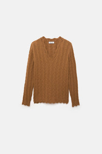 Maglione in lana a trecce con scollo a V