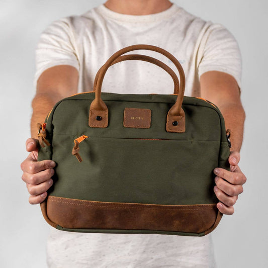 Borsa porta laptop khaki con zip arancione