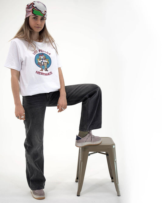 T-shirt unisex bianca con stampa Los Pollos Hermanos