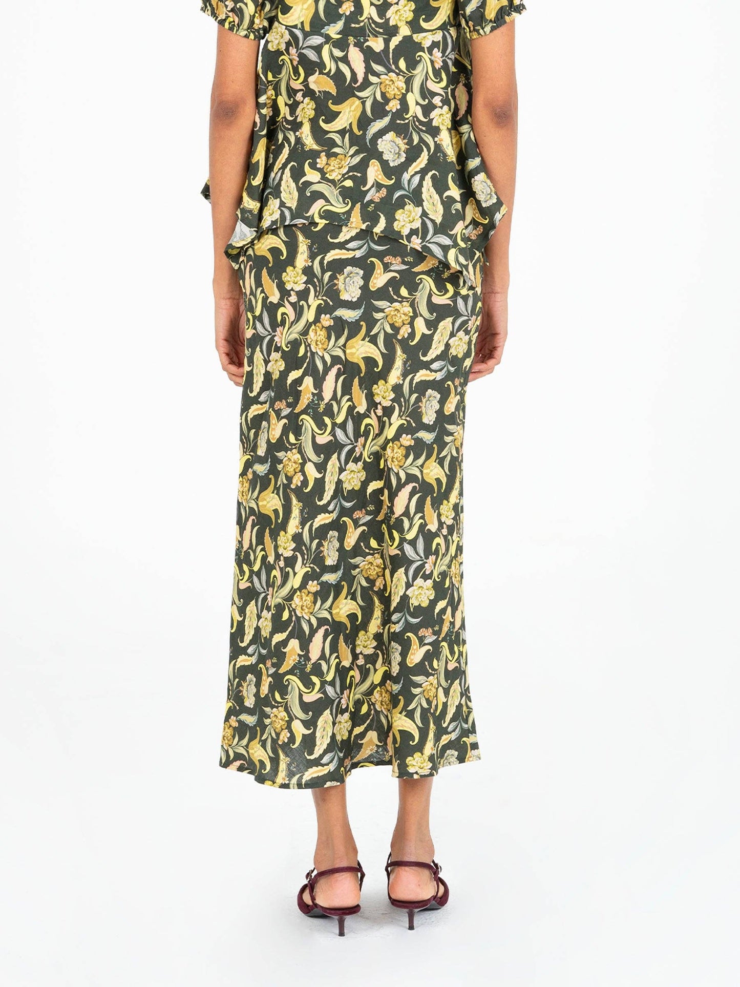 Gonna lunga floreale verde Enigma in lino