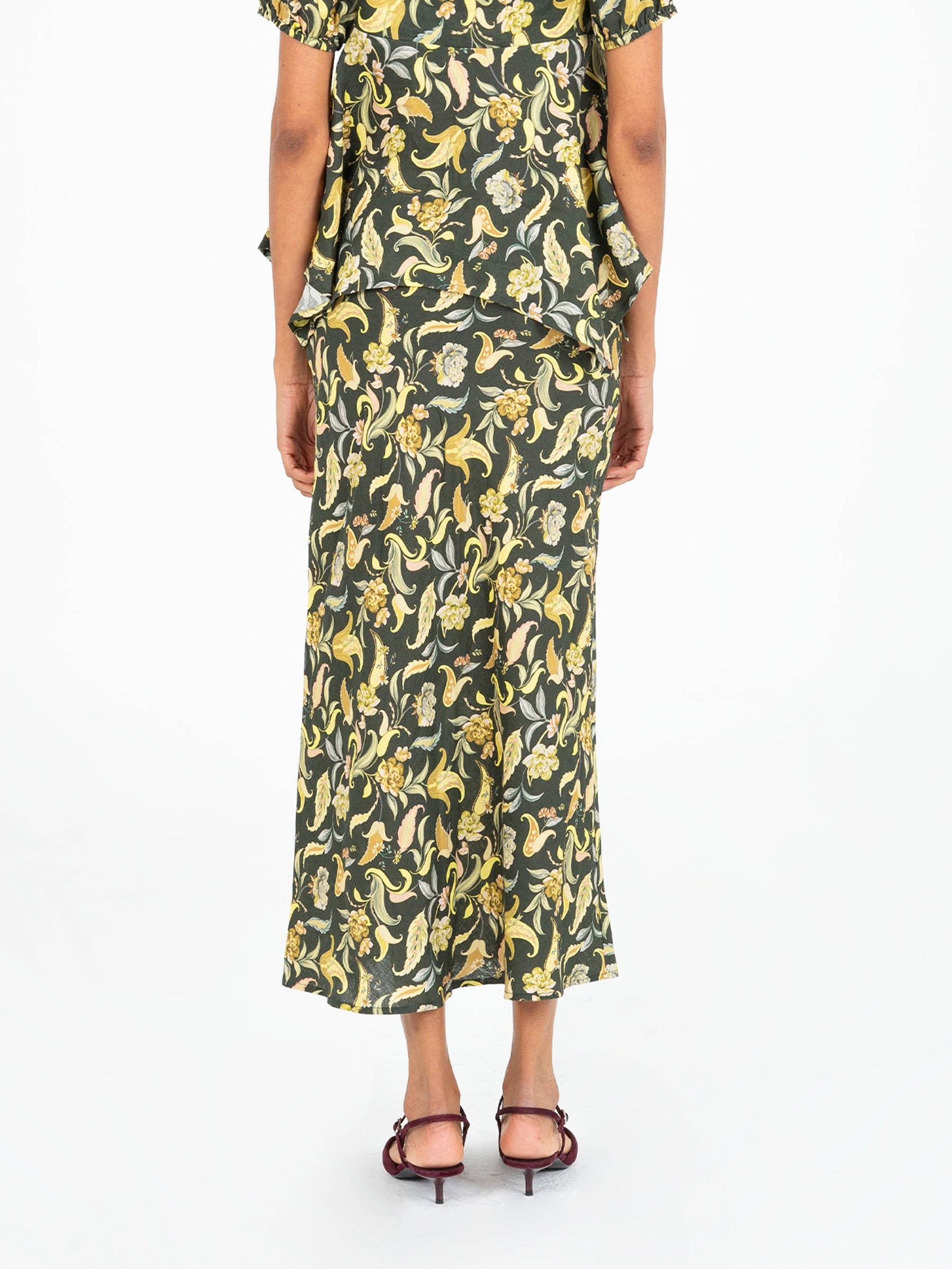 Gonna lunga floreale verde Enigma in lino