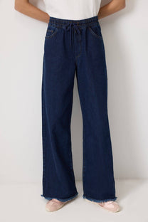 Pantaloni denim wide leg con vita elasticizzata