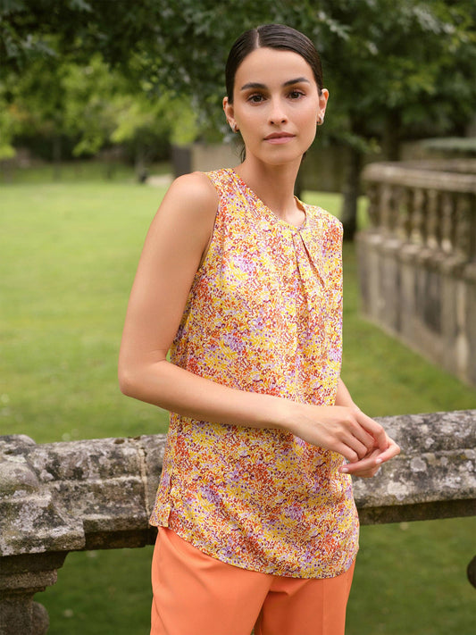 Top smanicato floreale in viscosa