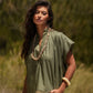 Blusa arricciata in cotone con collo alla coreana