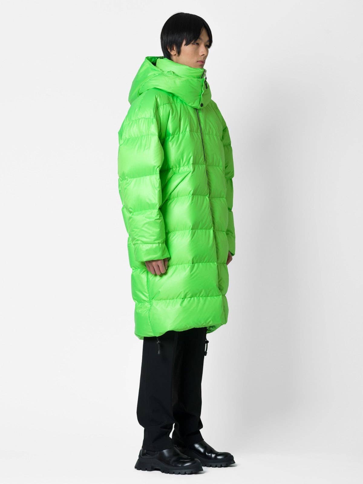 Parka lungo oversize verde fluo con cappuccio removibile