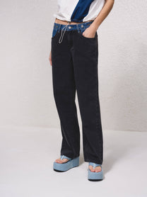 Jeans bicolore in denim con tasche zip