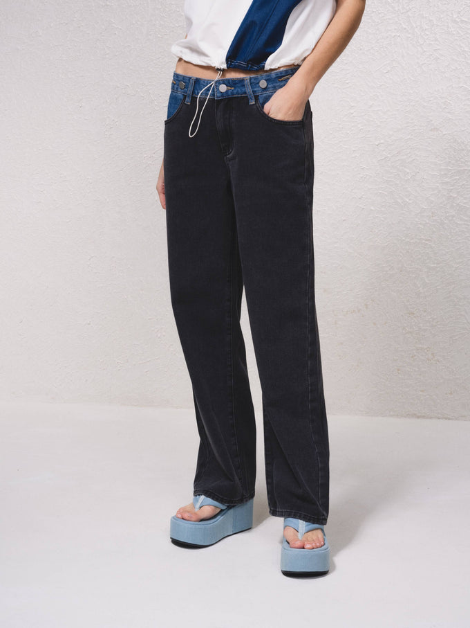 Jeans bicolore in denim con tasche zip