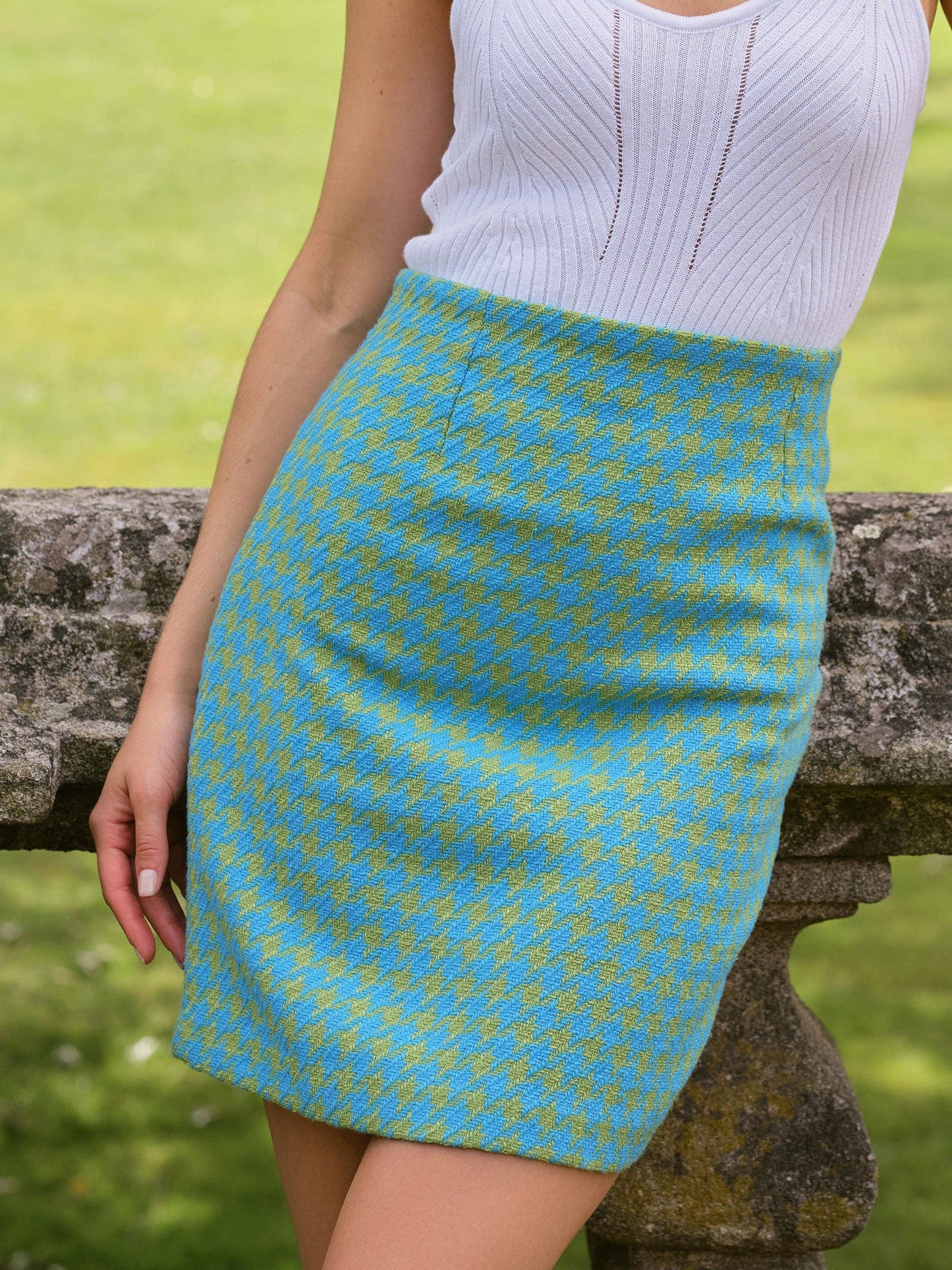 Gonna jacquard pied de poule blu e verde