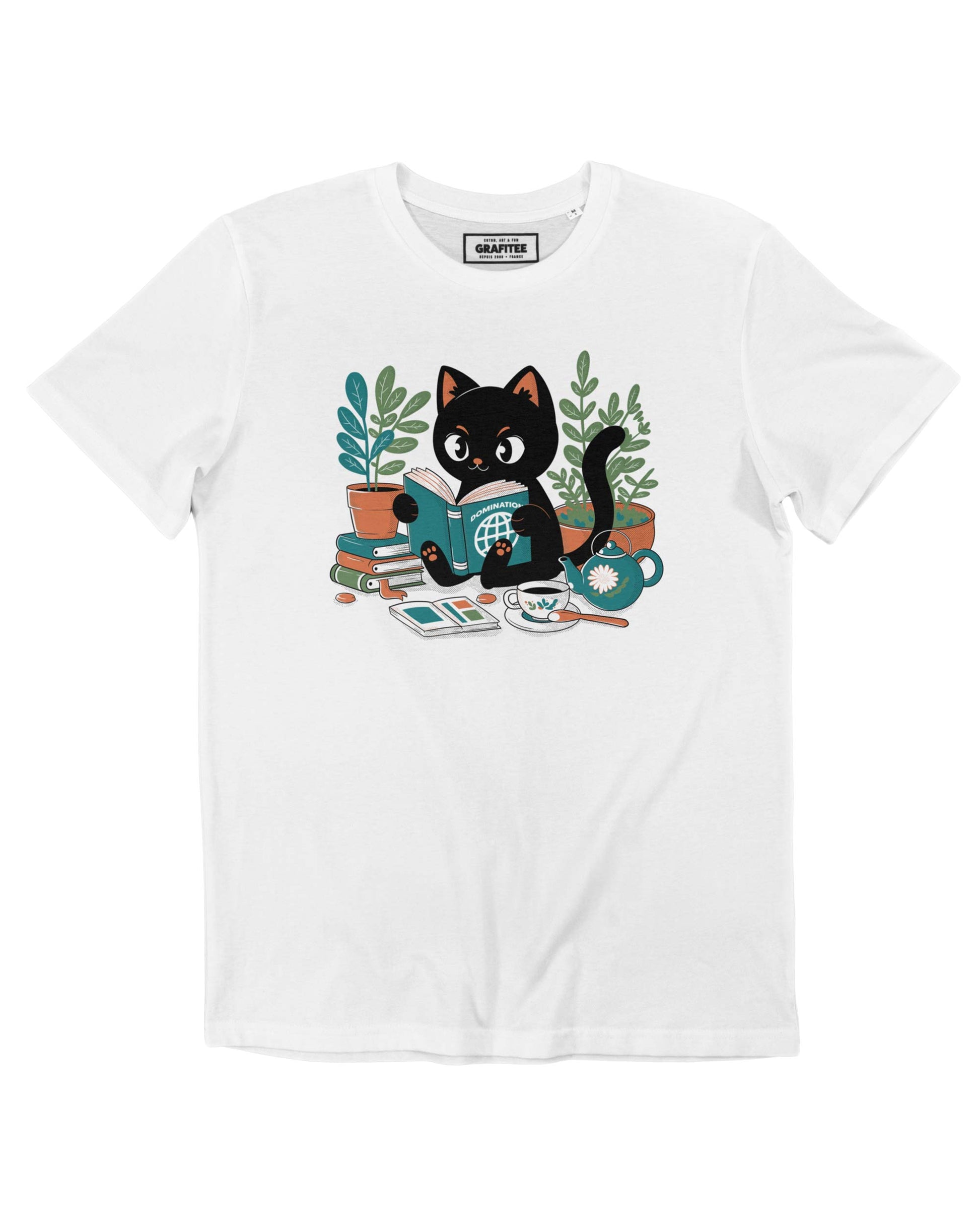 T-shirt unisex in cotone biologico con gatto che legge
