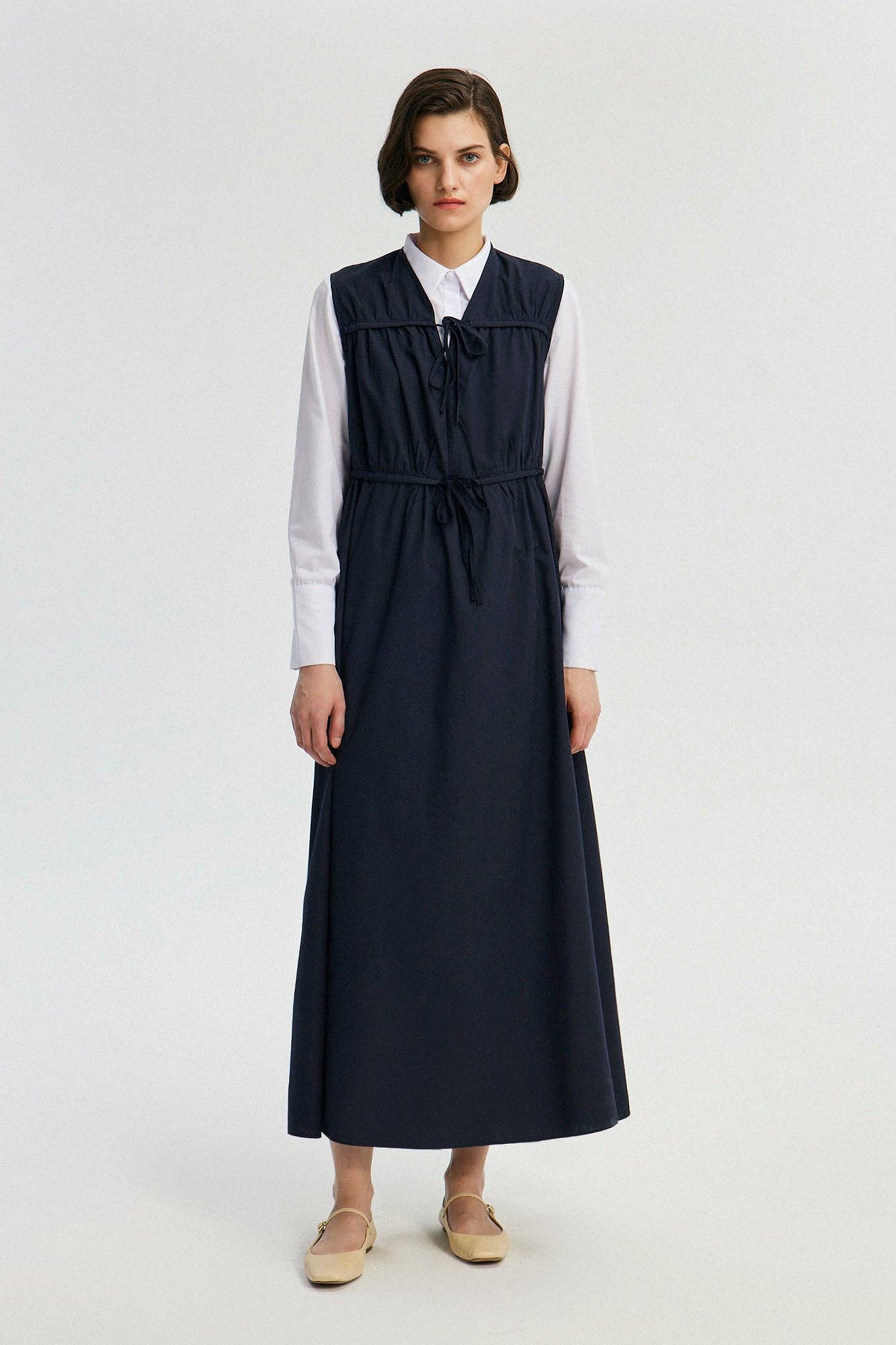 Gilet lungo in popeline arricciato blu navy