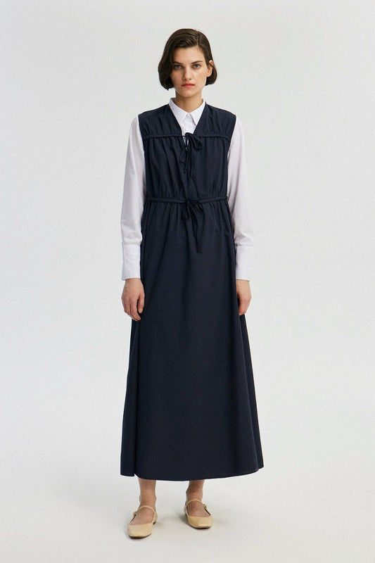 Gilet lungo in popeline arricciato blu navy