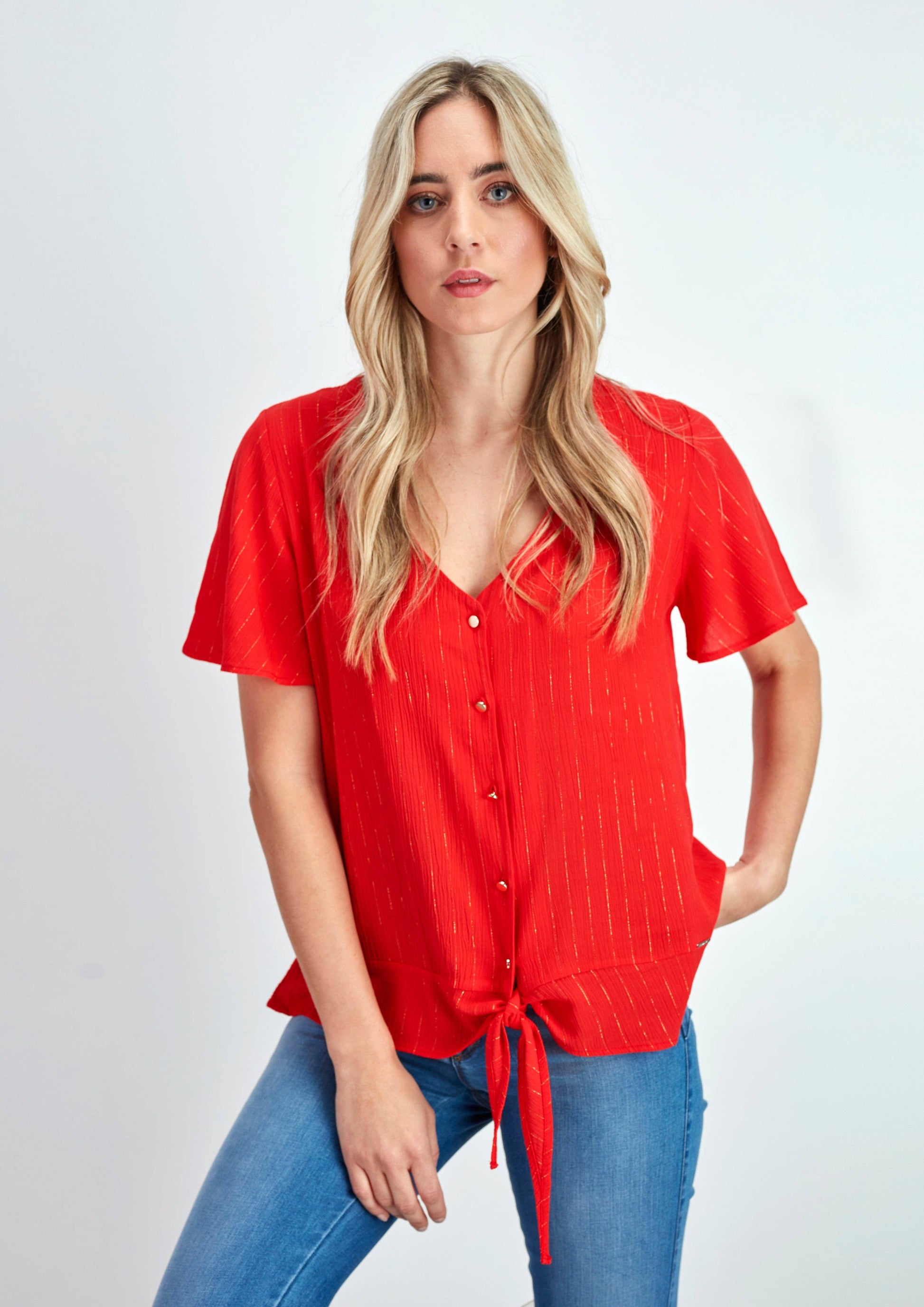 Blusa in viscosa lurex con nodo e scollo a V