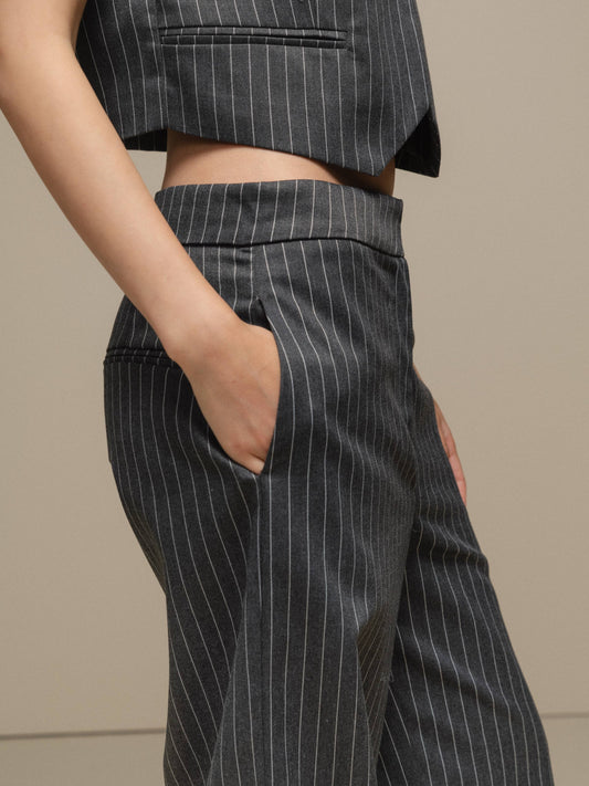 Pantaloni gessati a vita alta in misto poliestere stretch