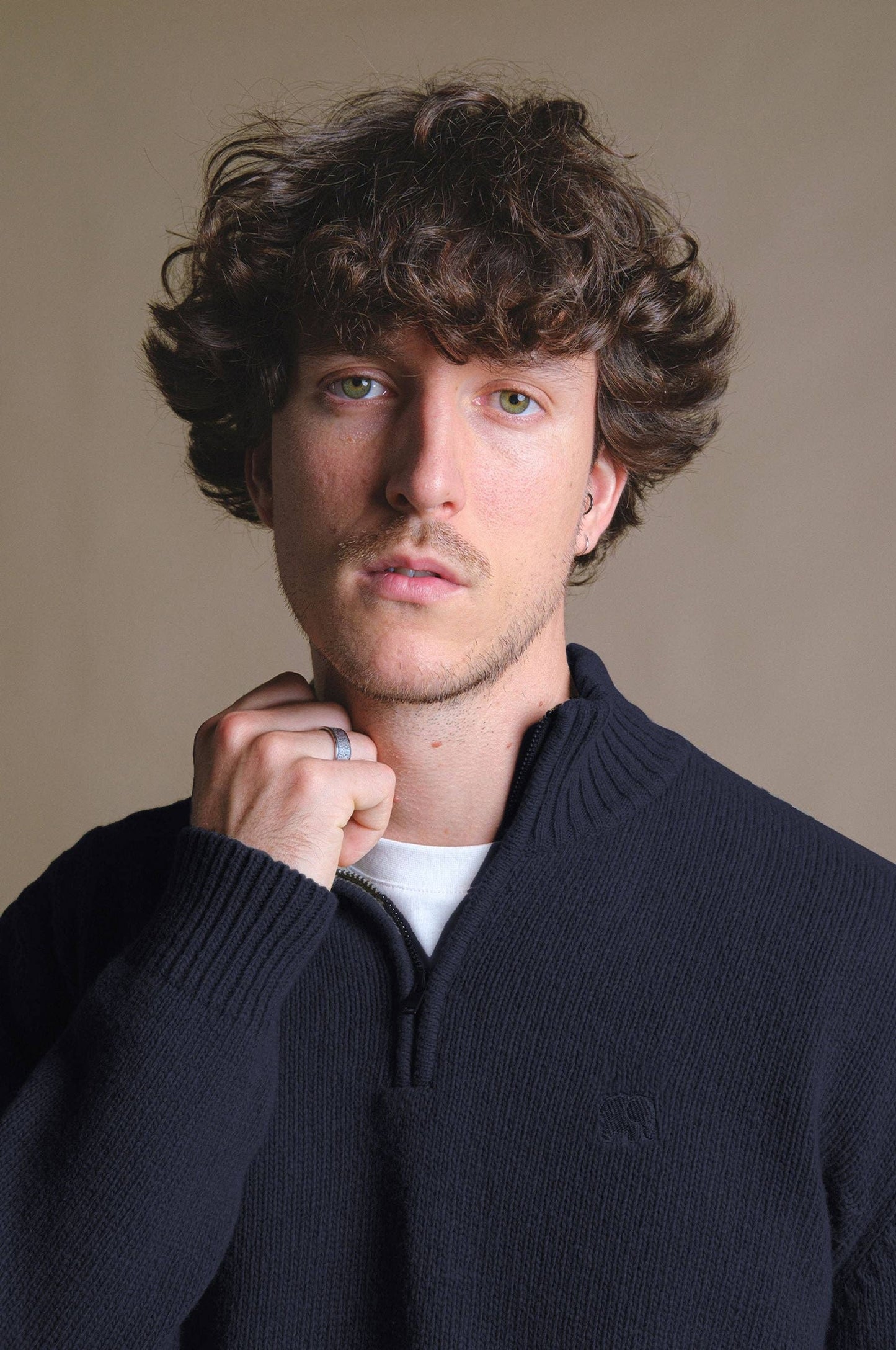 Maglione uomo in lana jacquard con zip a un quarto blu oceano