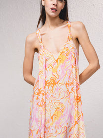 Vestito lungo fluido con scollo a V e stampa astratta