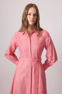 Abito camicia rosa con cintura in misto cotone