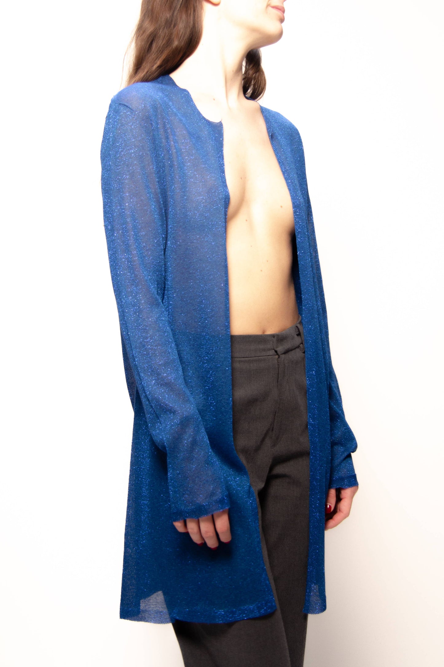 Cardigan lungo in lamé glitterato a maglia 3D