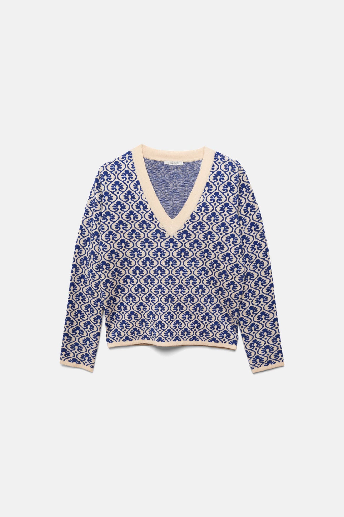 Maglione jacquard con motivo geometrico e scollo a V