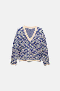 Maglione jacquard con motivo geometrico e scollo a V