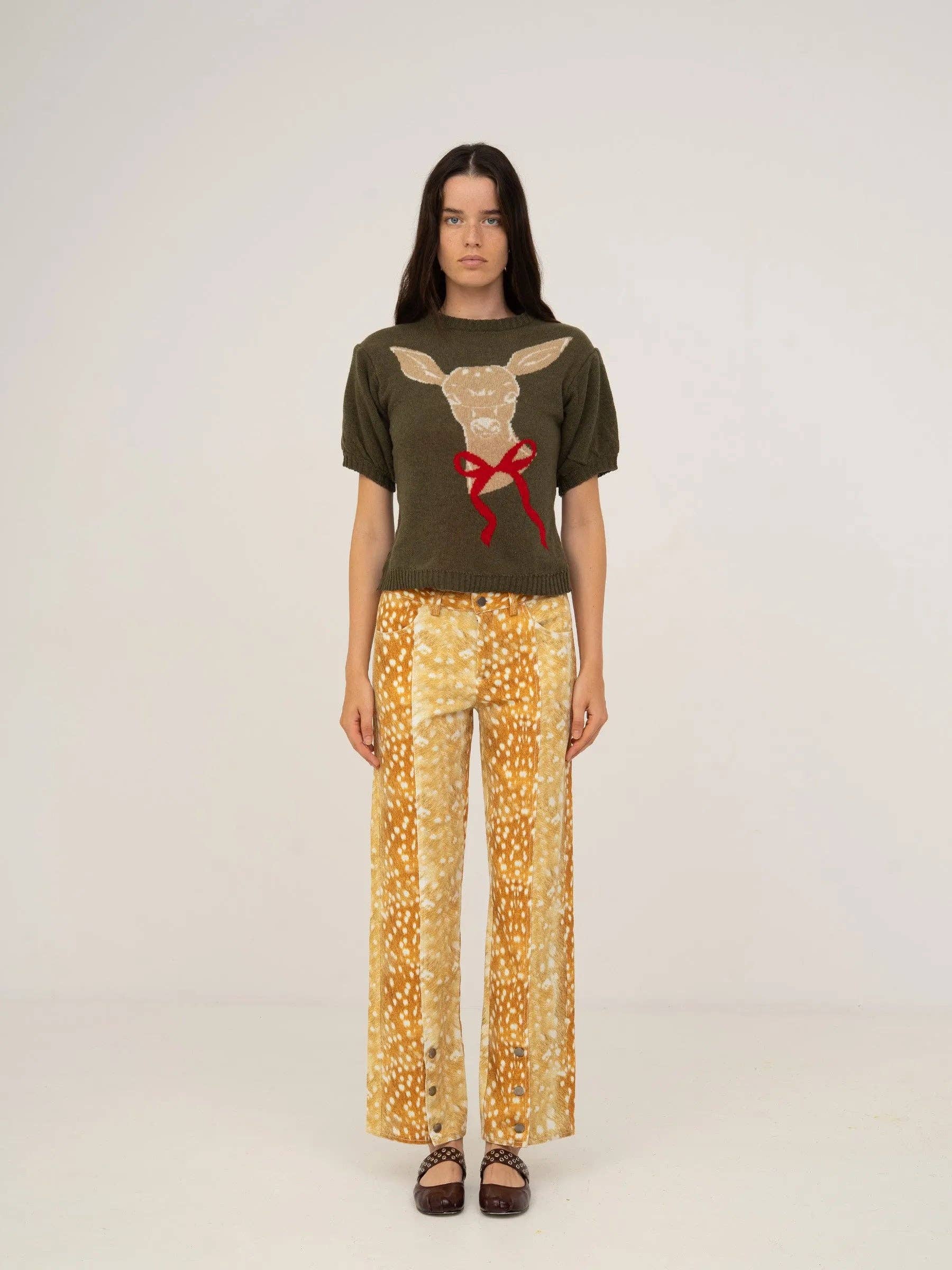 Jeans in denim con stampa cervo a gamba larga
