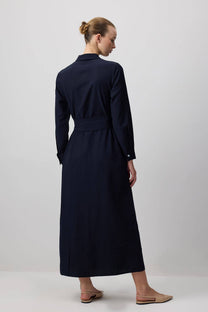 Abito camicia midi in popeline blu navy con cintura