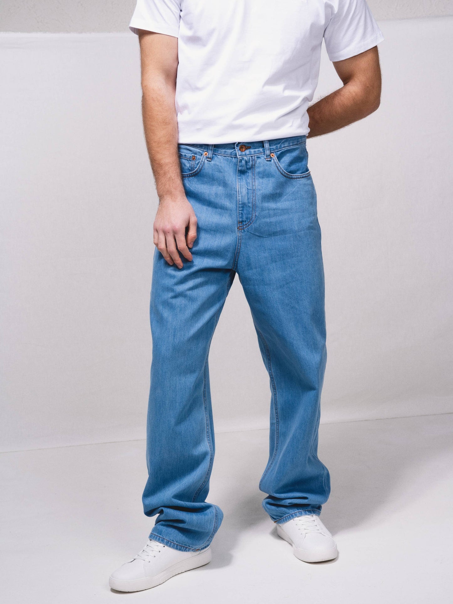 Jeans dritti in cotone a vita alta 5 tasche