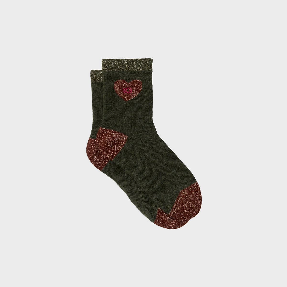 Calzini in cotone pettinato con cuore glitter verde scuro