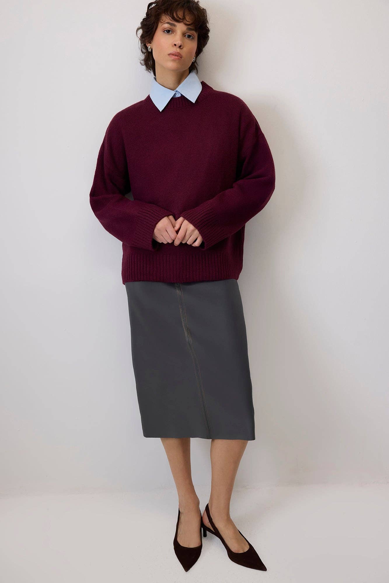 Maglione basic in maglia bordeaux