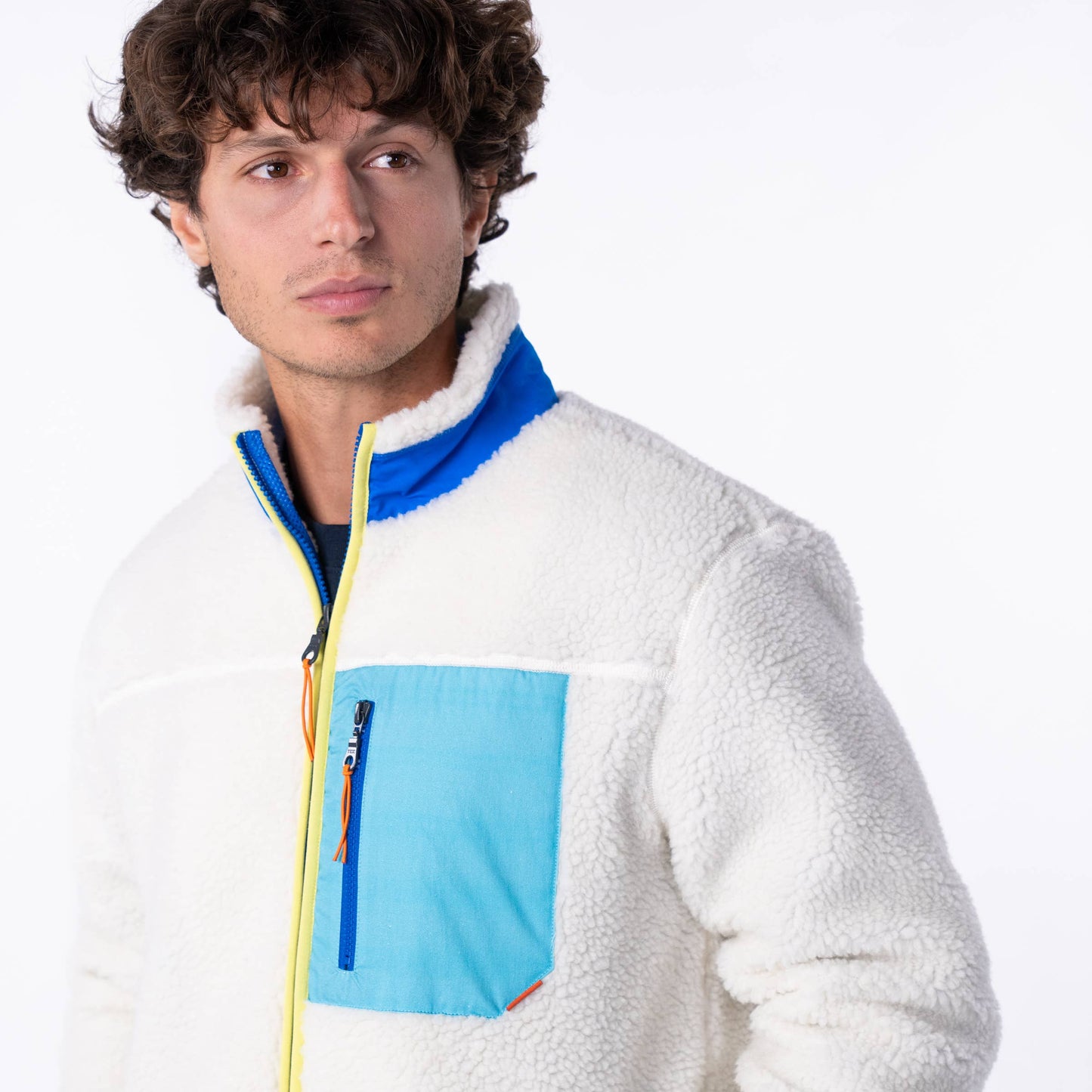 Giacca sherpa unisex con zip bicolore avorio e blu