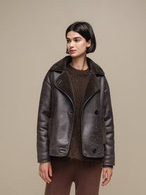 Cappotto corto effetto shearling marrone da donna