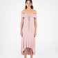 Abito lungo rosa off-shoulder elasticizzato