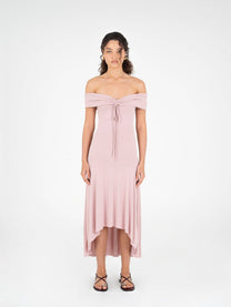 Abito lungo rosa off-shoulder elasticizzato