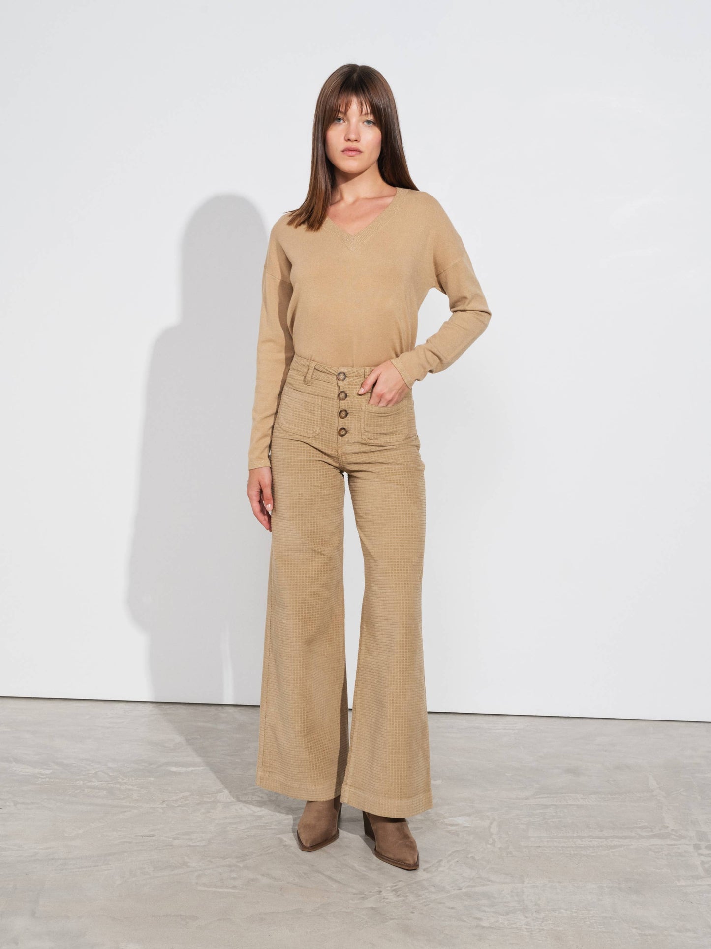 Pantaloni a vita alta a gamba ampia in cotone stretch