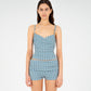 Top arricciato in jersey blu con scollo a cuore