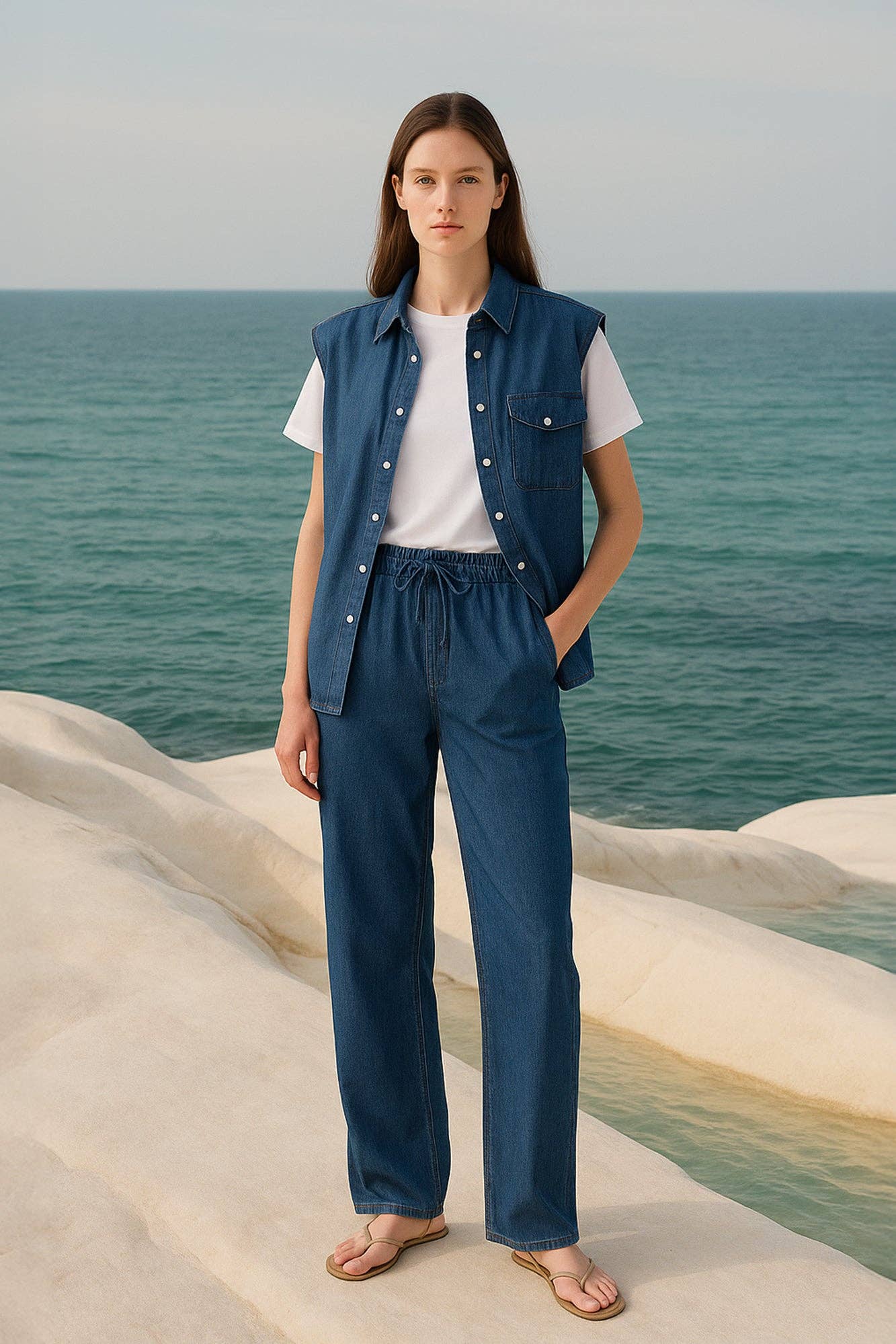 Pantaloni a gamba larga effetto denim con coulisse