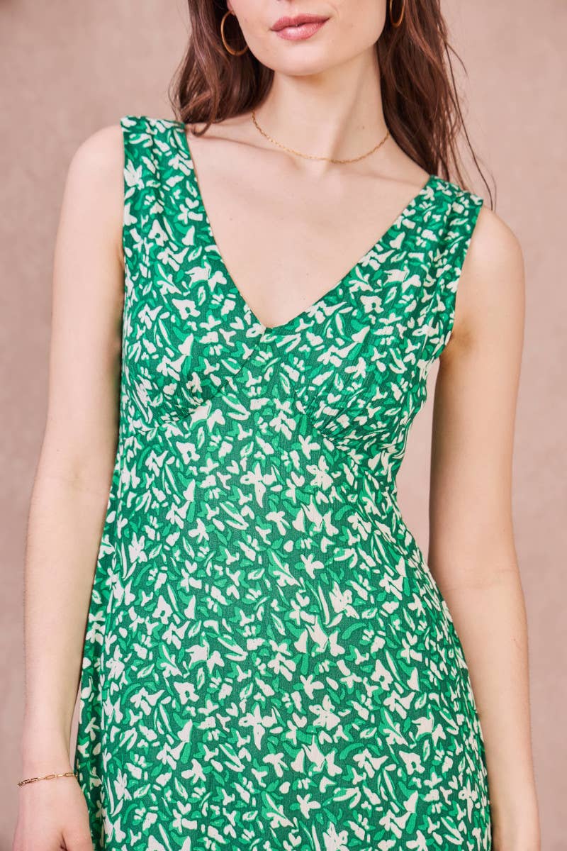 Abito lungo Rose con schiena scoperta e stampa verde